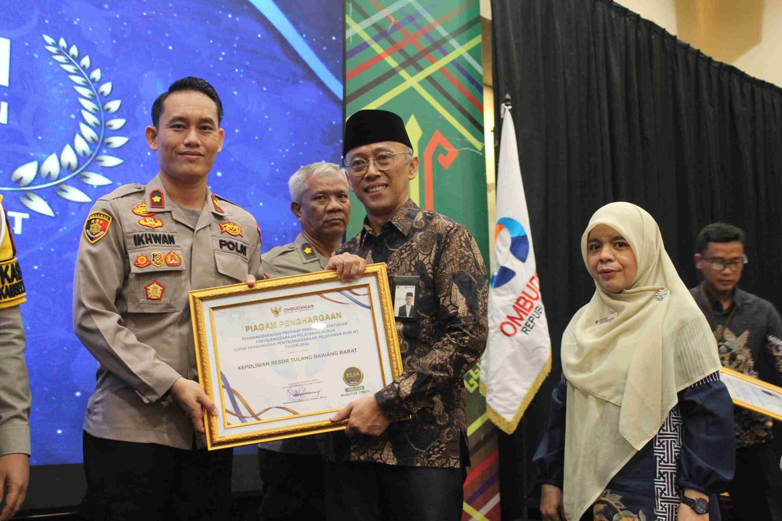 Polres Tubaba Terima Penghargaan Pelayanan Publik 2024 dari Ombudsman RI Provinsi Lampung