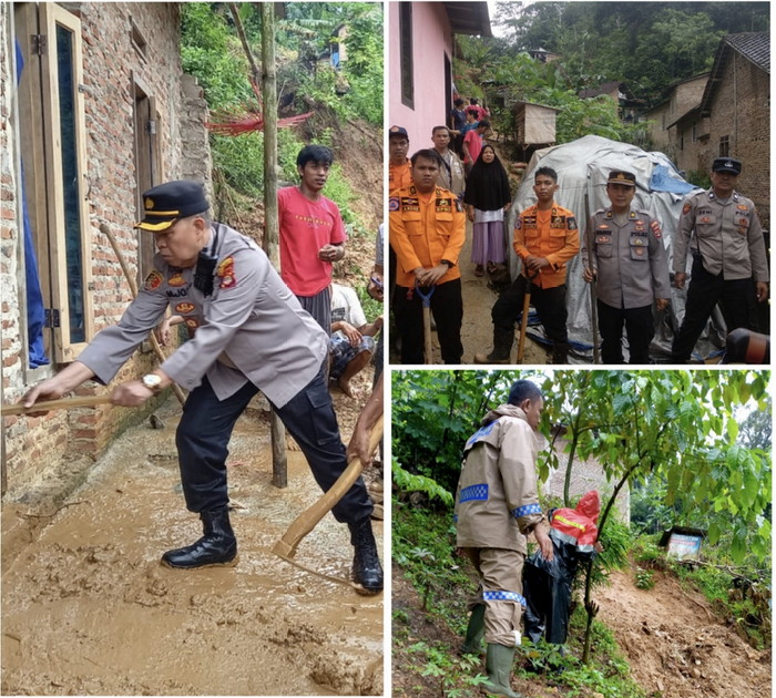Respon Cepat, Polsek Panjang Bersama Warga Evakuasi Material Longsor Di Dua Lokasi Berbeda
