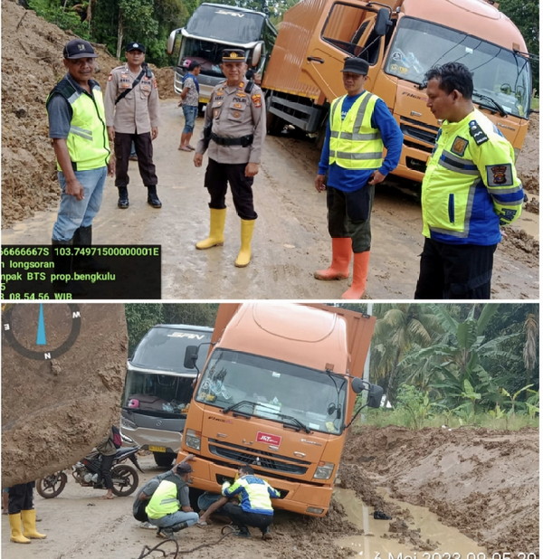 Respon cepat Polres Pesibar membantu kendaraan yang tergelincir akibat tanah longsor