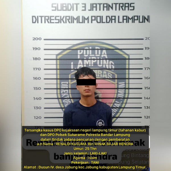 Polda Lampung Tangkap Tahanan Kabur DPO Kejari Lampung Timur