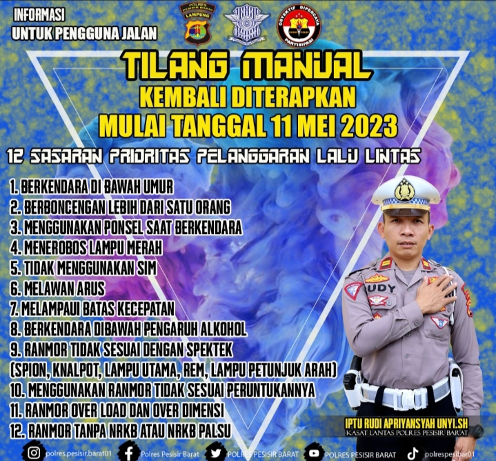 Satlantas Polres Pesisir Barat akan berlakukan tilang manual